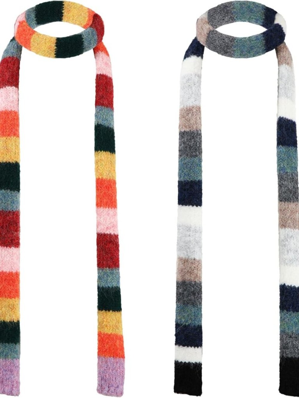 2 Pcs Y2K Striped Long Skinny Scarves - Fuzzy Colorful Knit for Winter